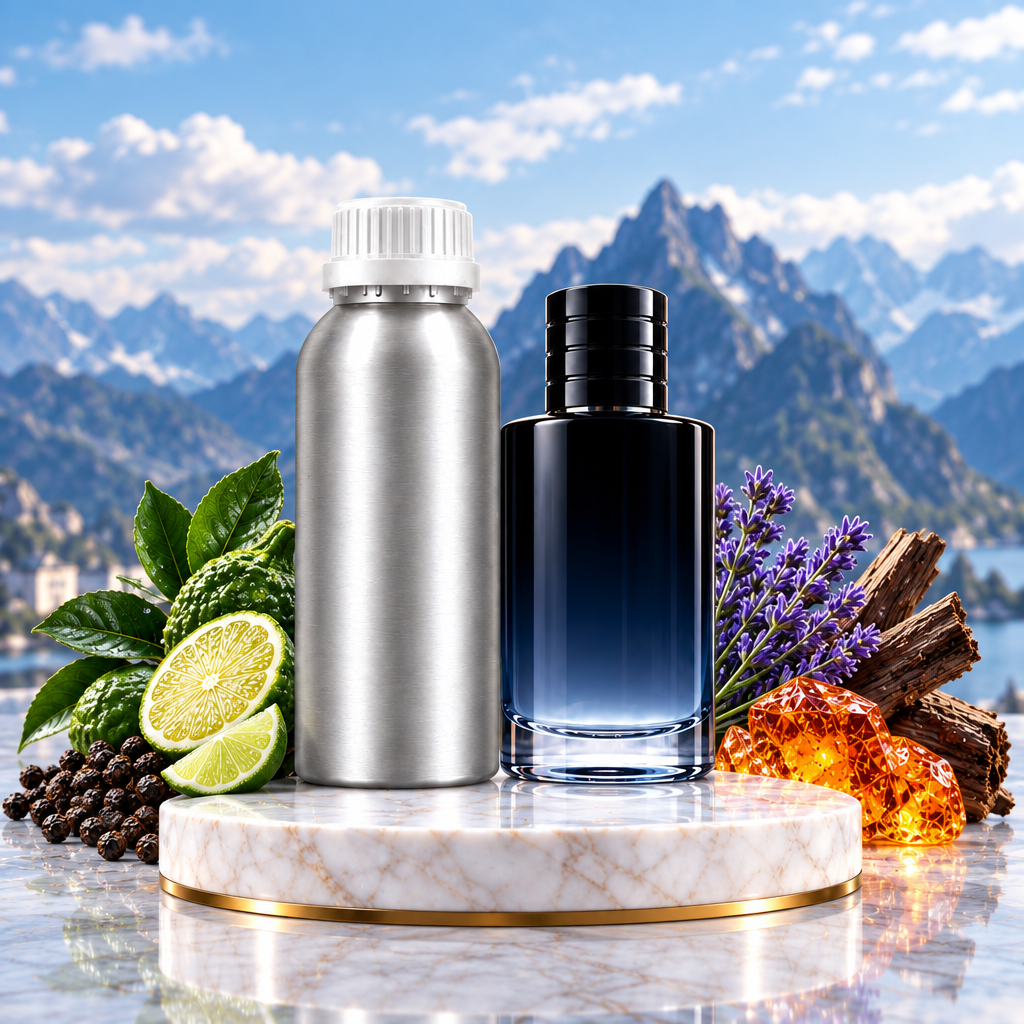 Navy perfume bottle and 1kg canister with citrus, lavender and cedar
