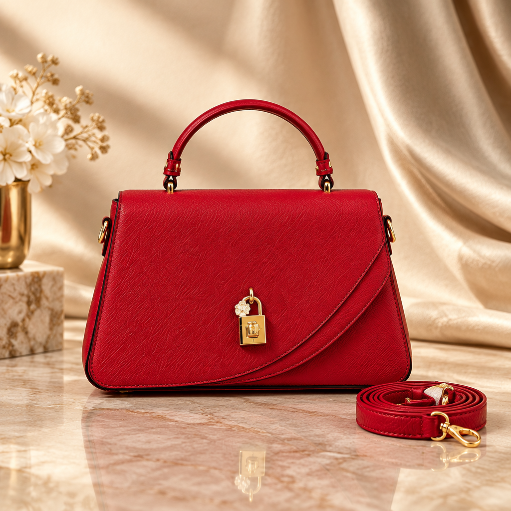 Red padlock flap handbag