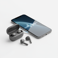 Wireless smartphone and earbuds on white background
