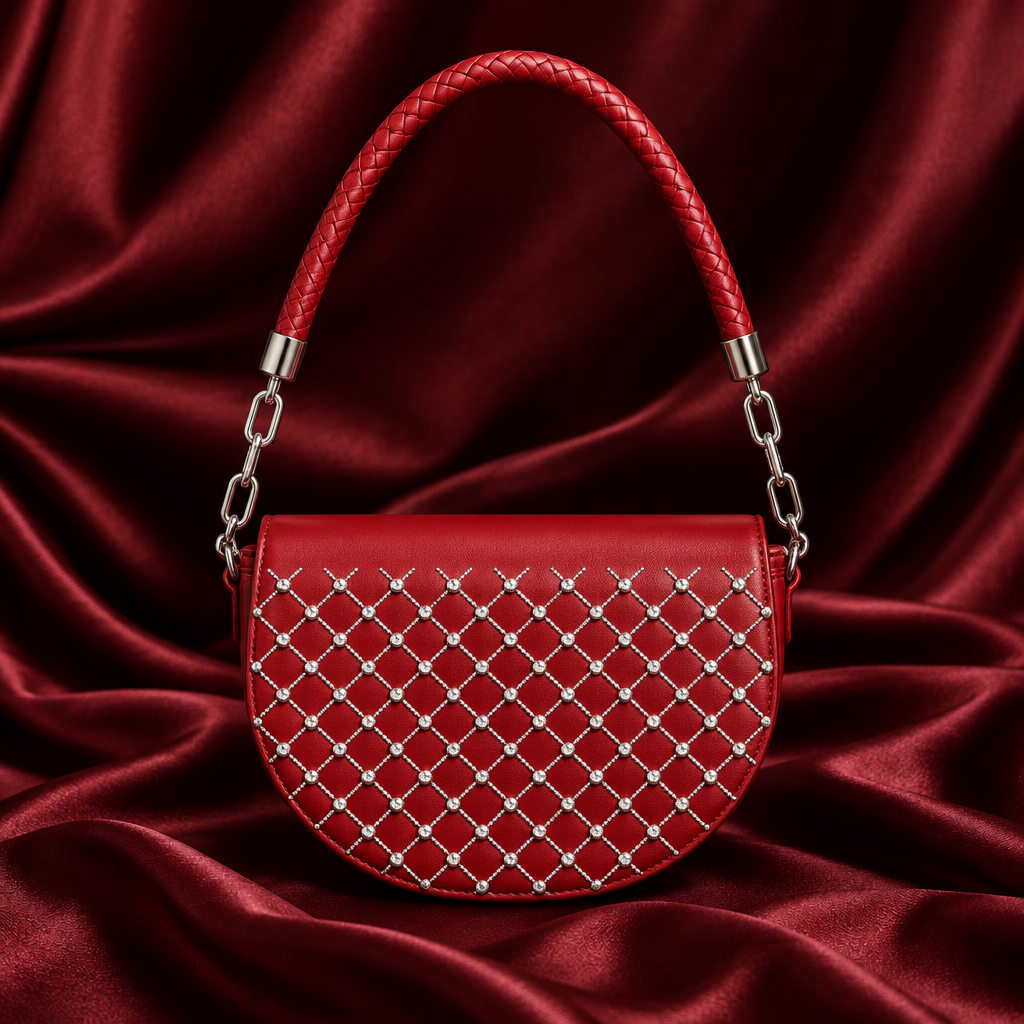 Red studded half-moon shoulder bag