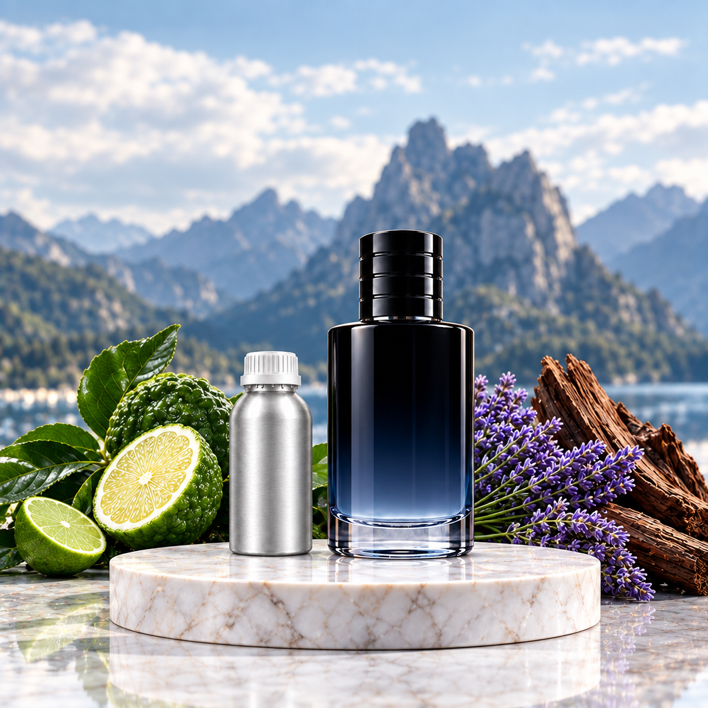 Navy perfume bottle and 500ml canister with citrus, lavender and cedar