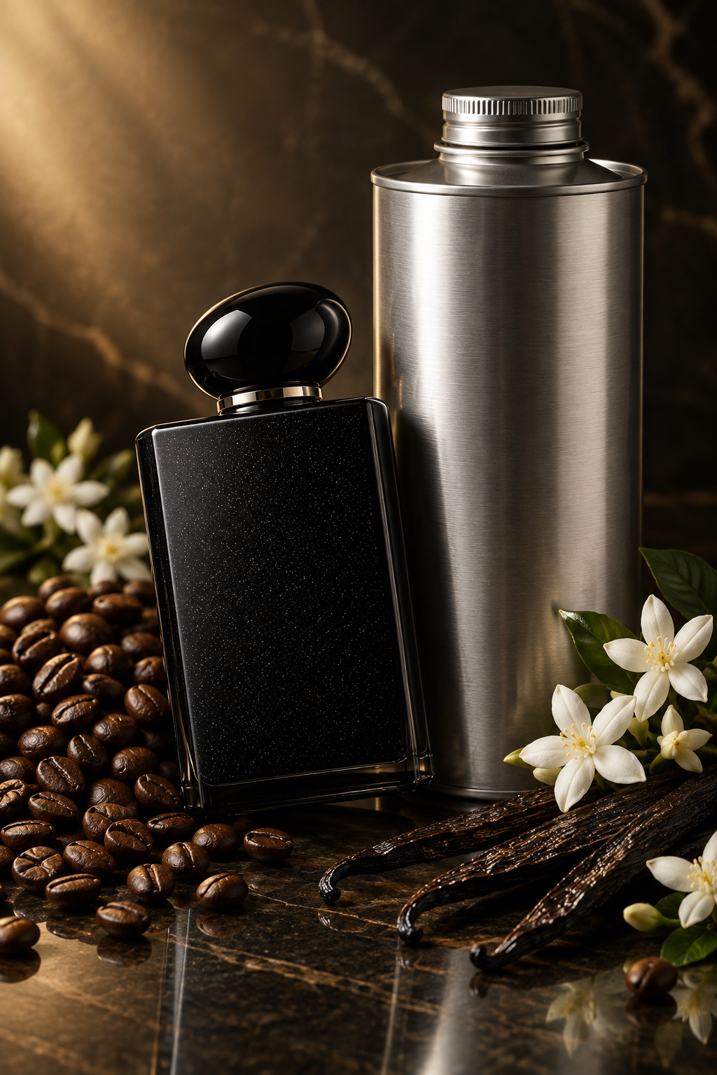 Sparkling black perfume bottle angled beside a tall unbranded 1 kg oil canister with coffee and jasmine
