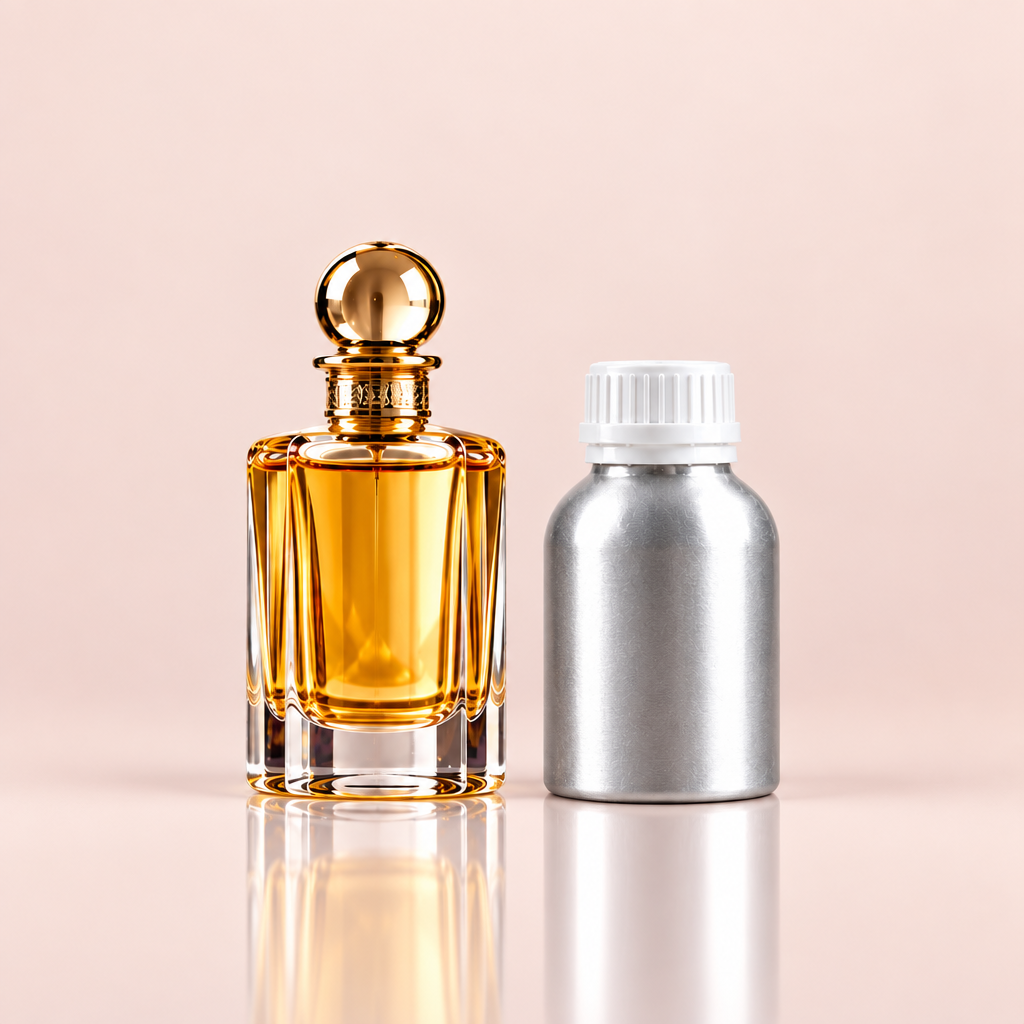 Sugar Baby perfume bottle and 500ml fragrance oil canister studio shot
