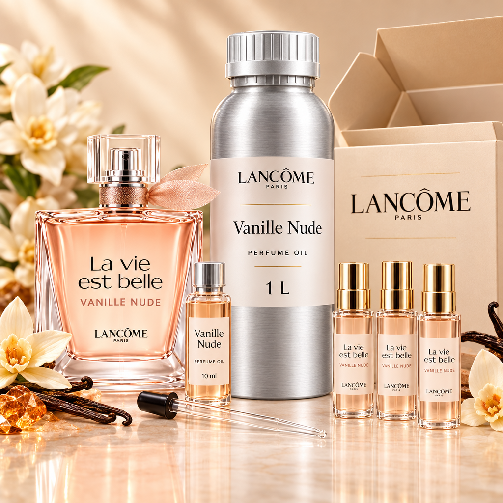 La vie est belle Vanille Nude 1 litre perfume oil canister with refill vial, pipette, sample bottles and packaging