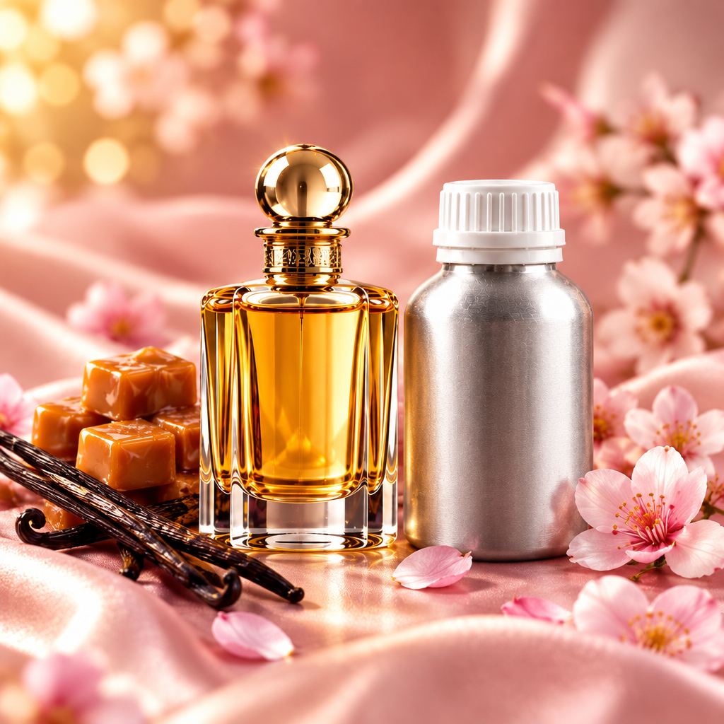 Sugar Baby perfume bottle and 500ml canister on pink silk