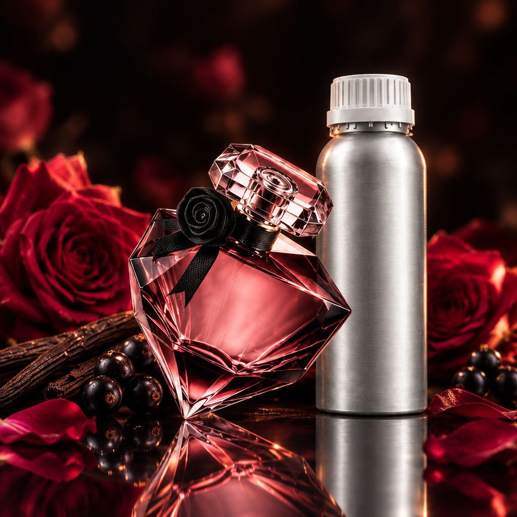 Pink crystal perfume bottle and 1kg canister in moody rose styling