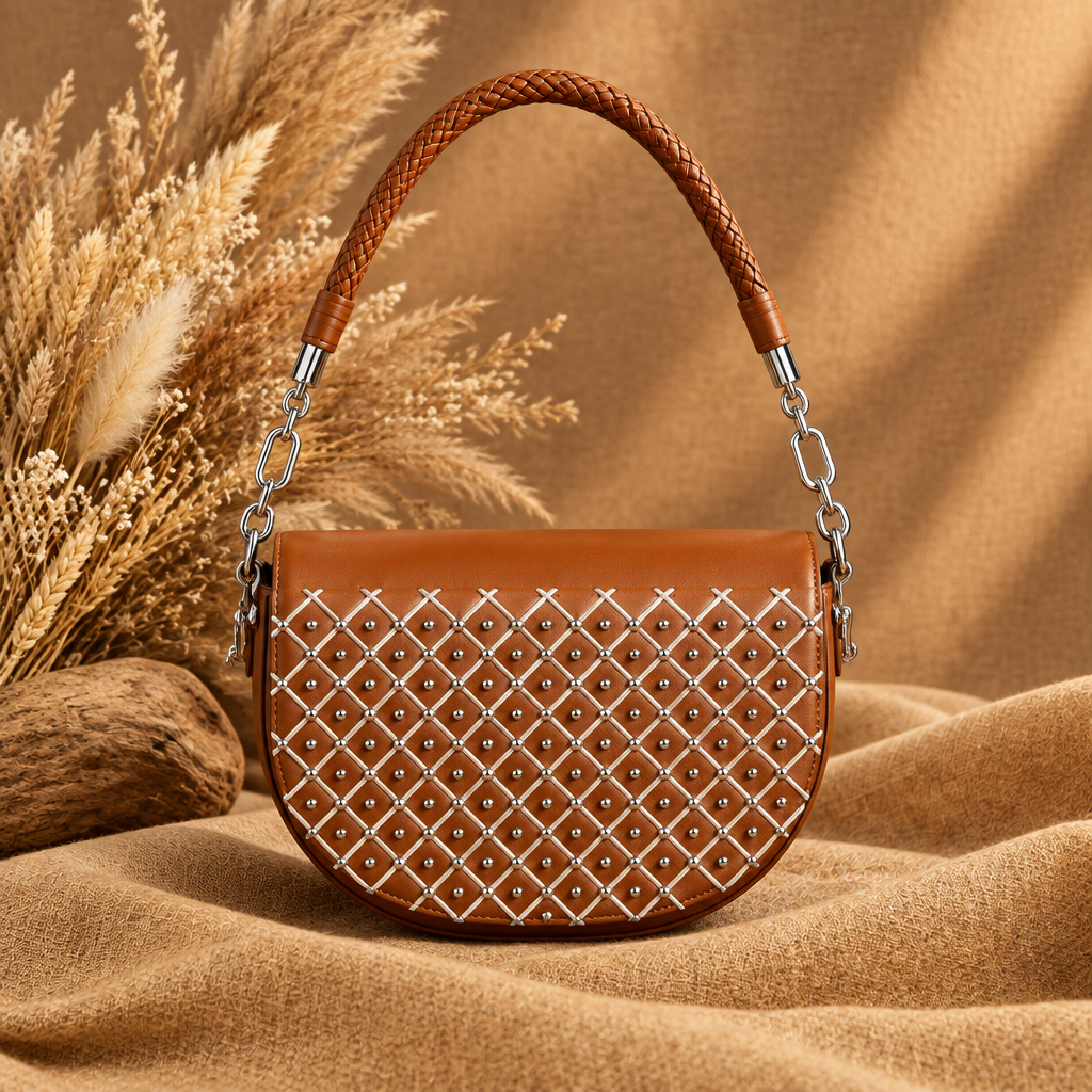 Tan studded half-moon shoulder bag
