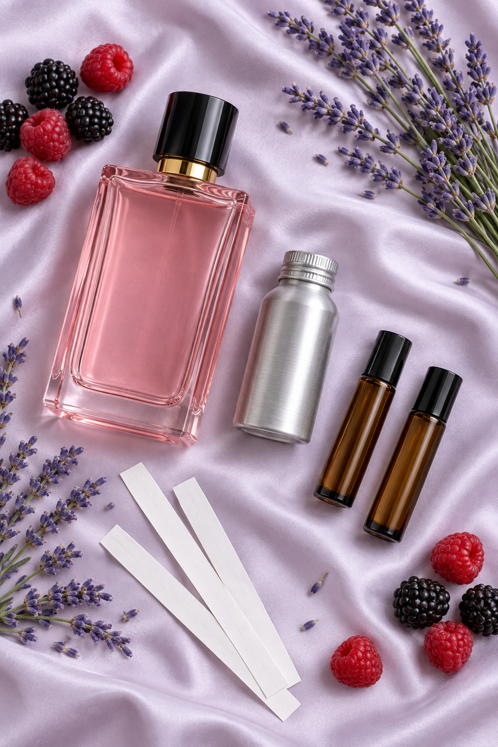 Flat-lay of a pink perfume bottle, small 500 ml oil canister, roll-on bottles and blotters with lavender and berries