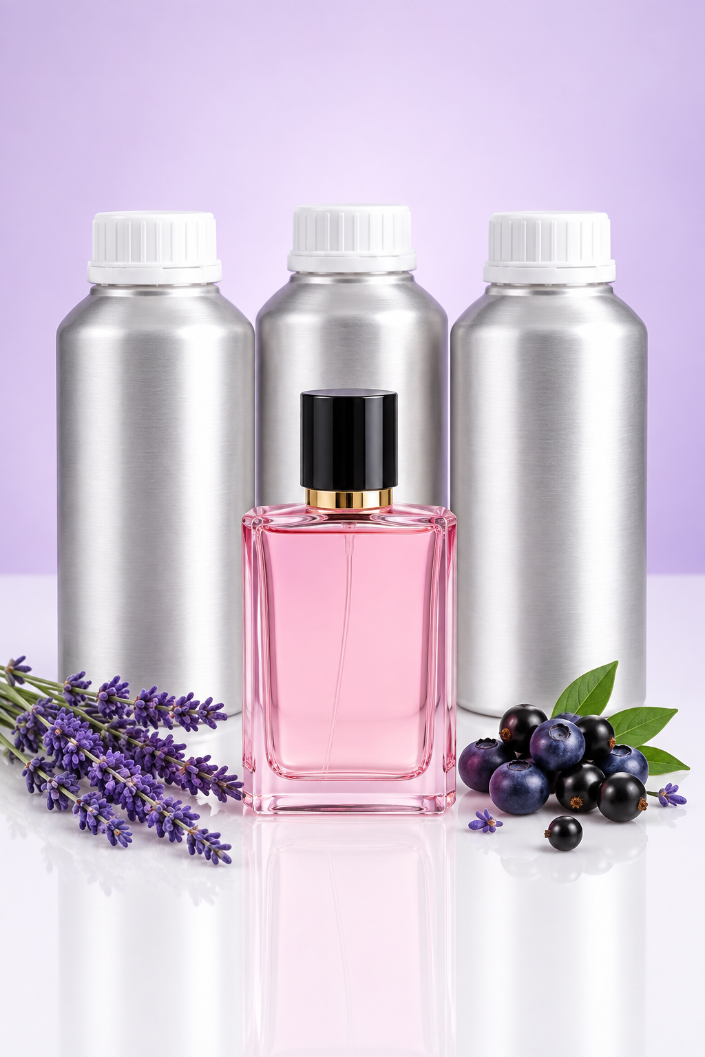 Pink perfume bottle in front of three unbranded 1 kg perfume oil canisters as a wholesale pack shot