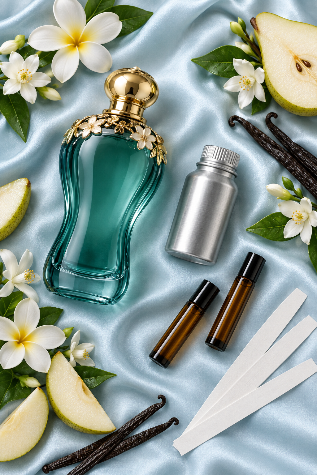 Flat-lay of a teal perfume bottle, small 500 ml oil canister, roll-on bottles and blotters on pale blue satin