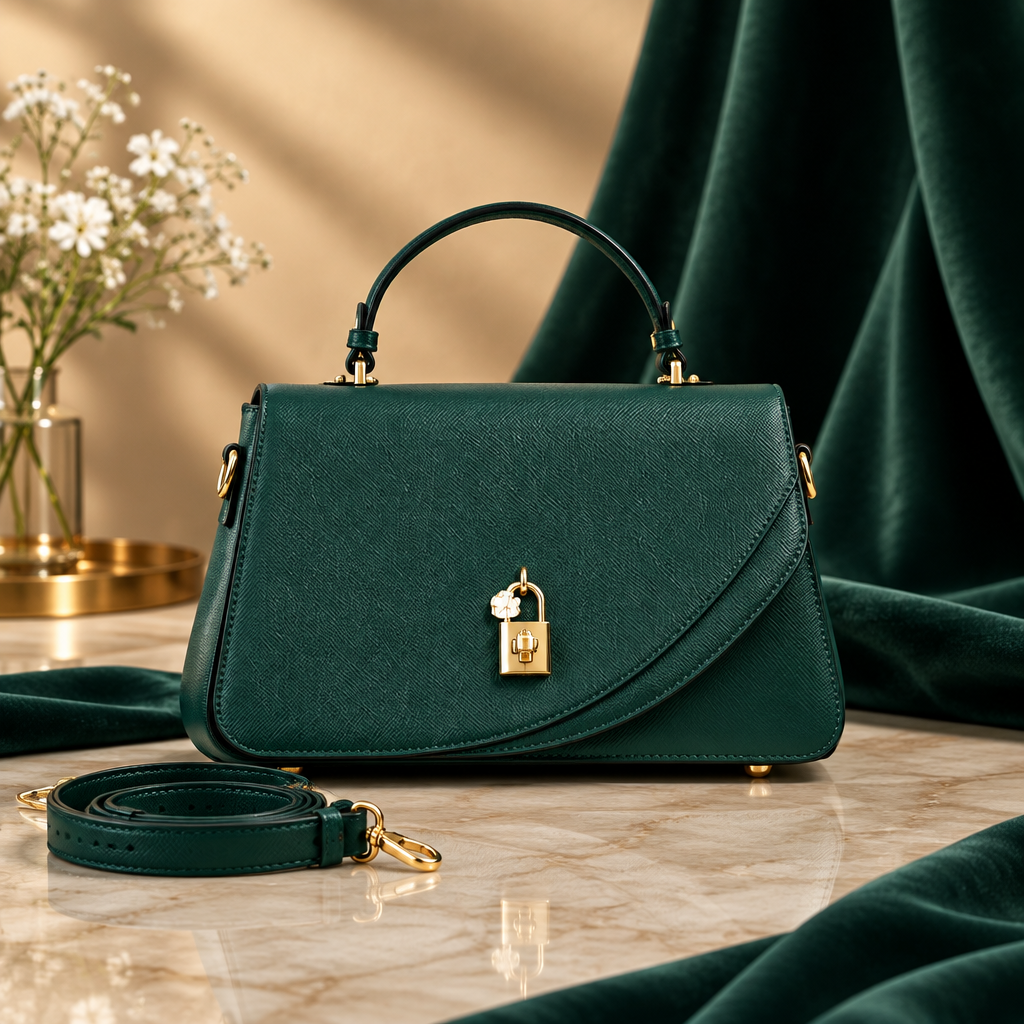 Green padlock flap handbag