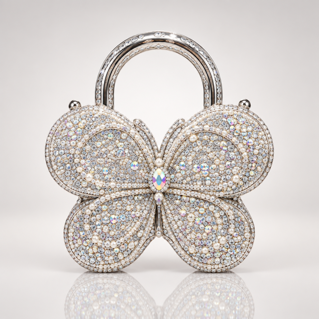 Pearl white crystal butterfly handbag