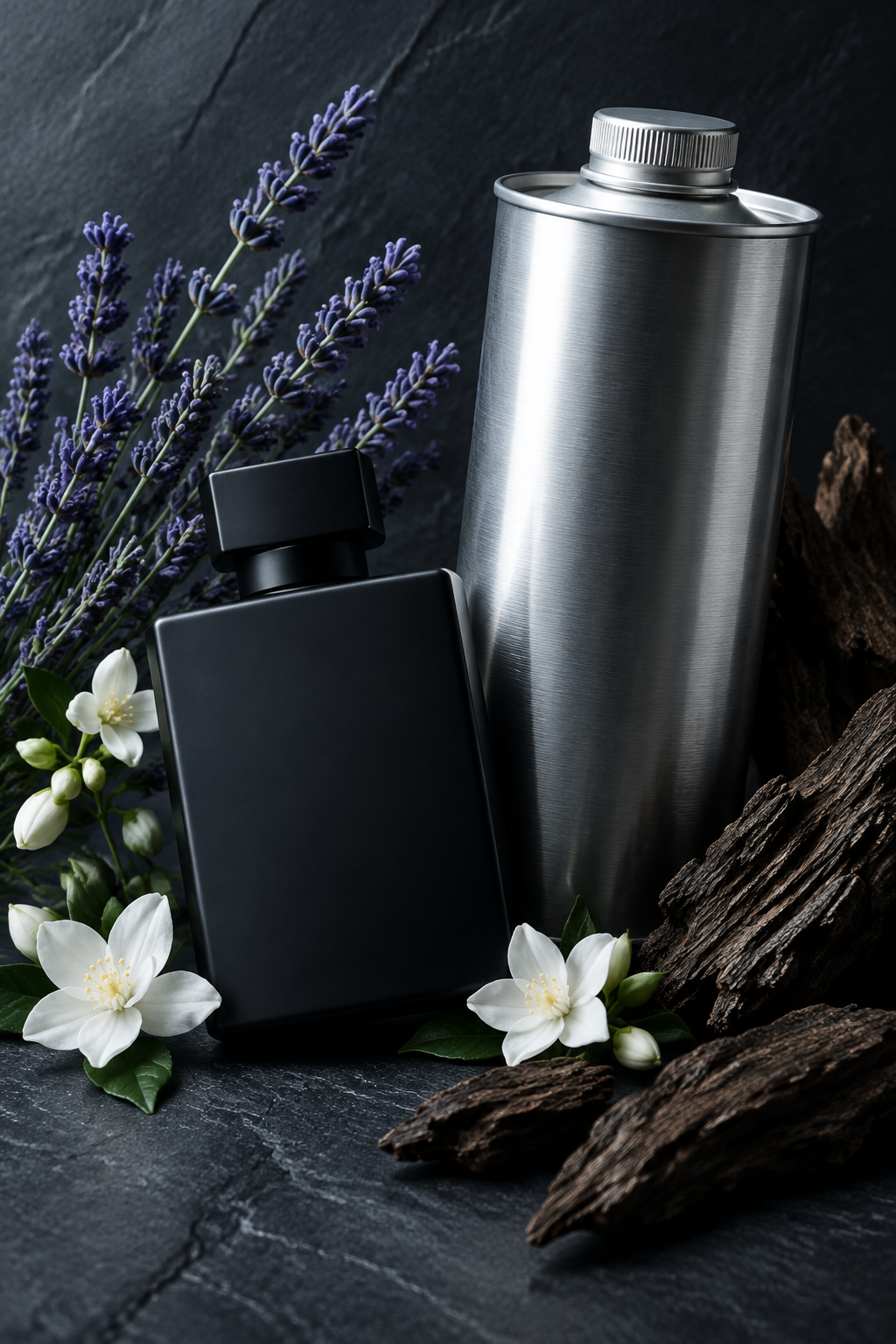 Sleek black perfume bottle angled beside a tall unbranded 1 litre oil canister on dark slate