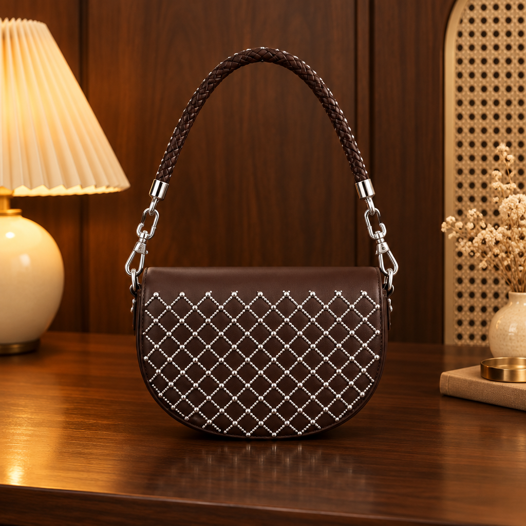 Dark brown studded half-moon shoulder bag