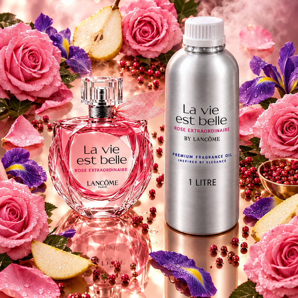 La vie est belle Rose Extraordinaire bottle and 1 litre canister surrounded by roses, iris and fragrance ingredients