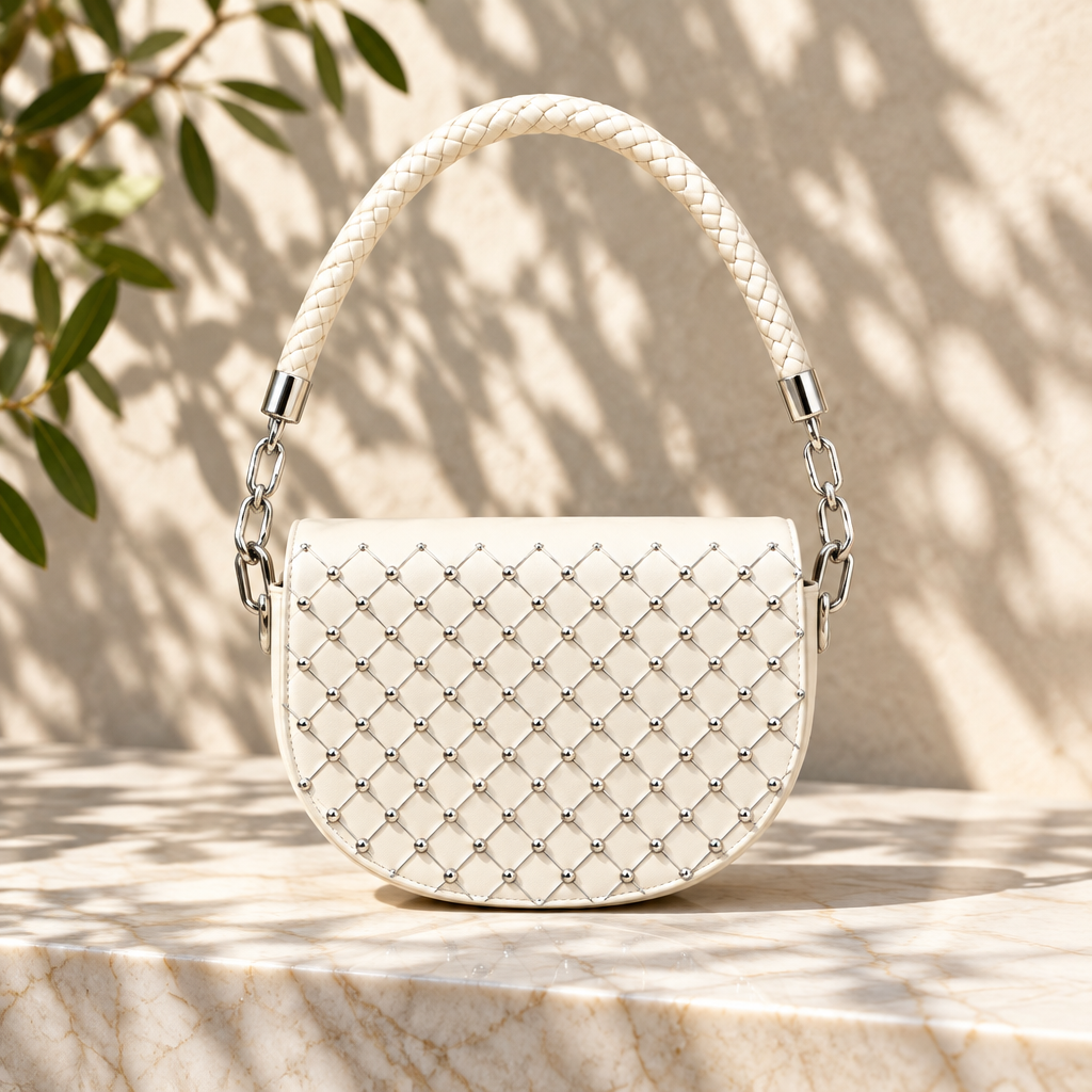 White studded half-moon shoulder bag