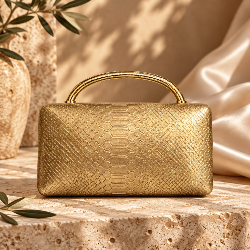 Gold snake embossed box clutch