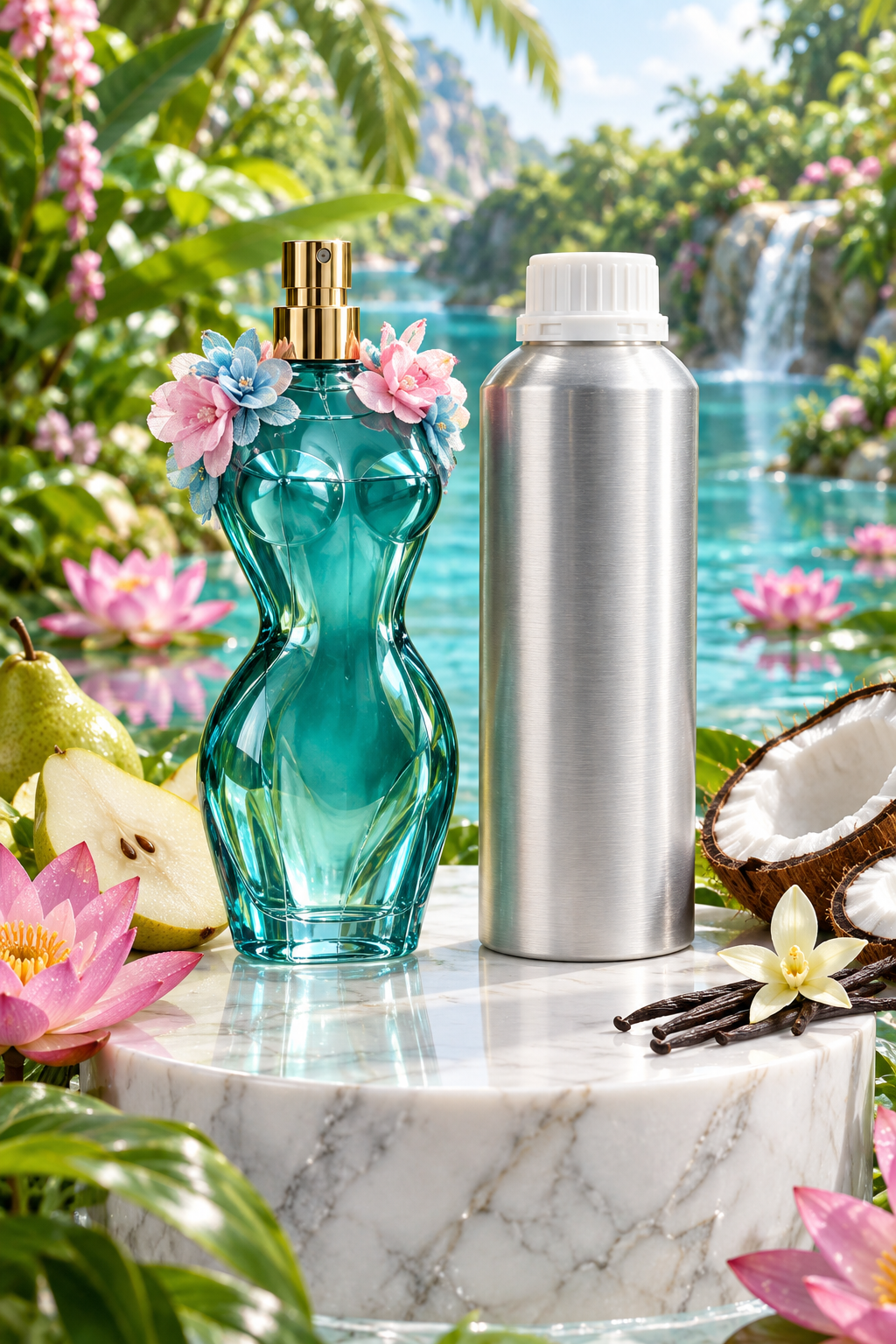 Teal La Belle style perfume bottle and 1 kg perfume oil canister on a marble podium in a tropical garden