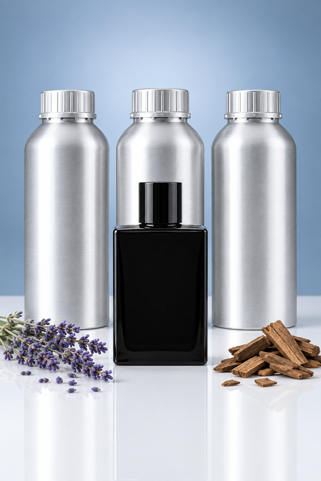 Black perfume bottle in front of three unbranded 1 litre perfume oil canisters as a wholesale pack shot