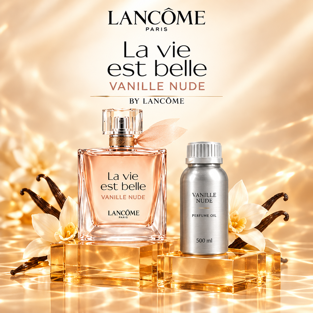 La vie est belle Vanille Nude bottle and compact 500 ml perfume oil canister on honey-coloured acrylic blocks