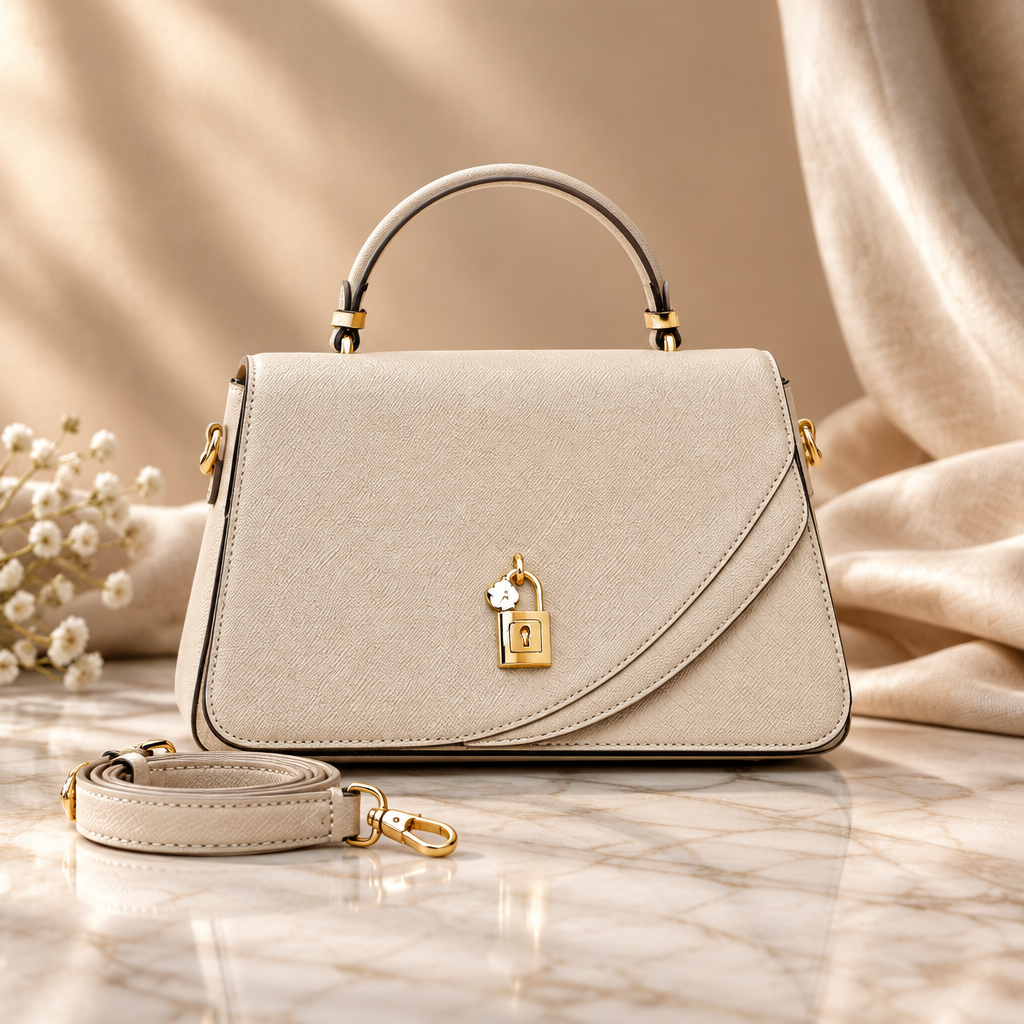 Beige padlock flap handbag