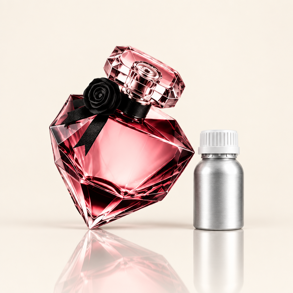 Pink crystal perfume bottle and 500ml fragrance oil canister studio shot