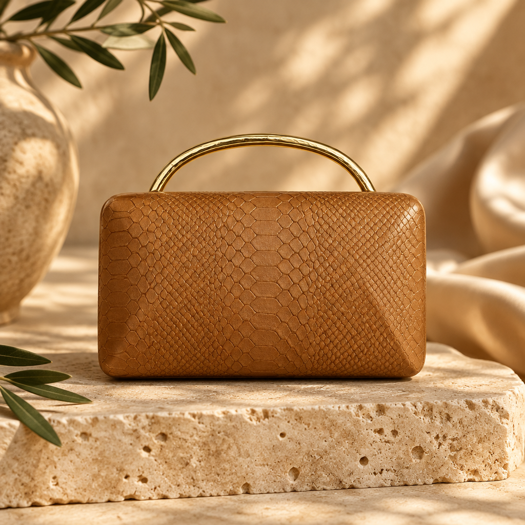Tan snake embossed box clutch