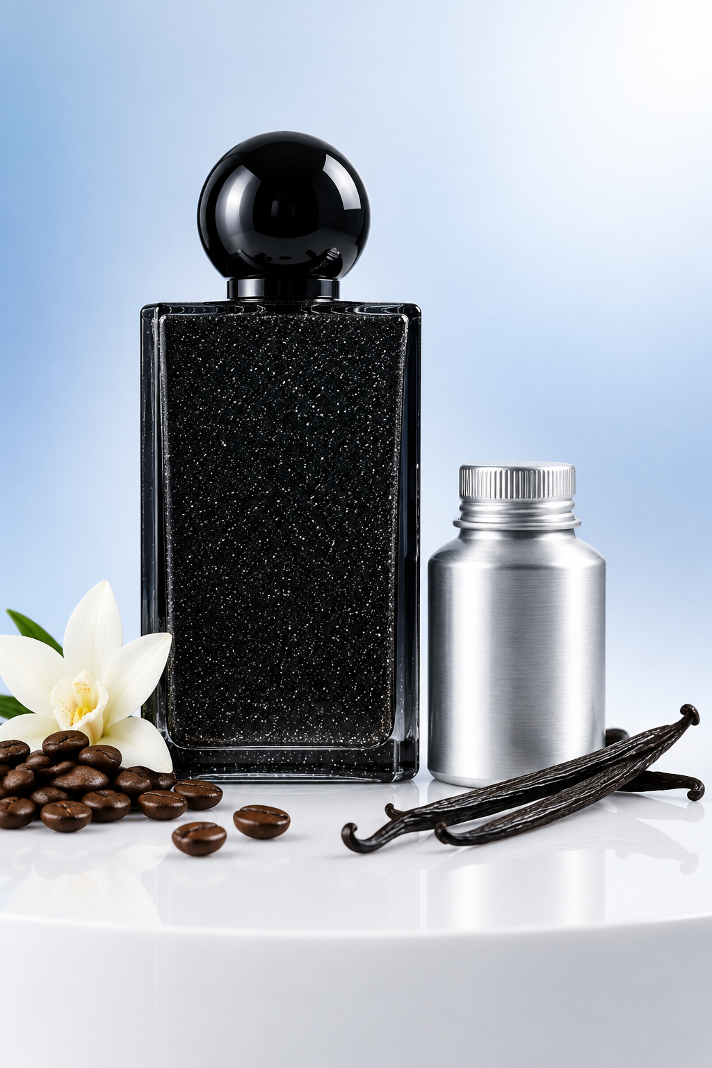 Unbranded glittery black perfume bottle beside a small 500 ml perfume oil canister with coffee and vanilla