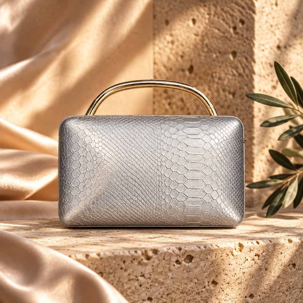 Silver snake embossed box clutch
